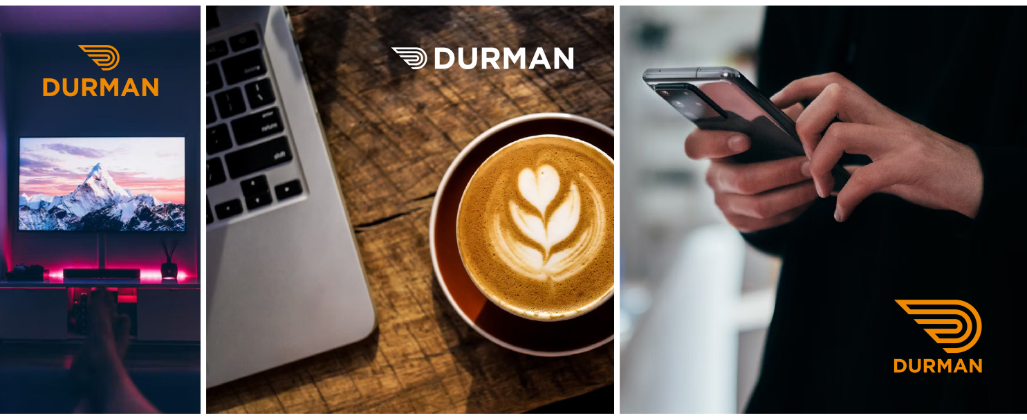 Examples of logo design applications for Durman, an electrical and home automation specialist on the Isle of Wight
